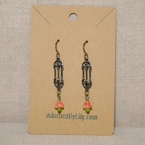 Hand Crafted Handmade Earrings Arts & Crafts Style Brass Coral Pink Bell… - Picture 2 of 5